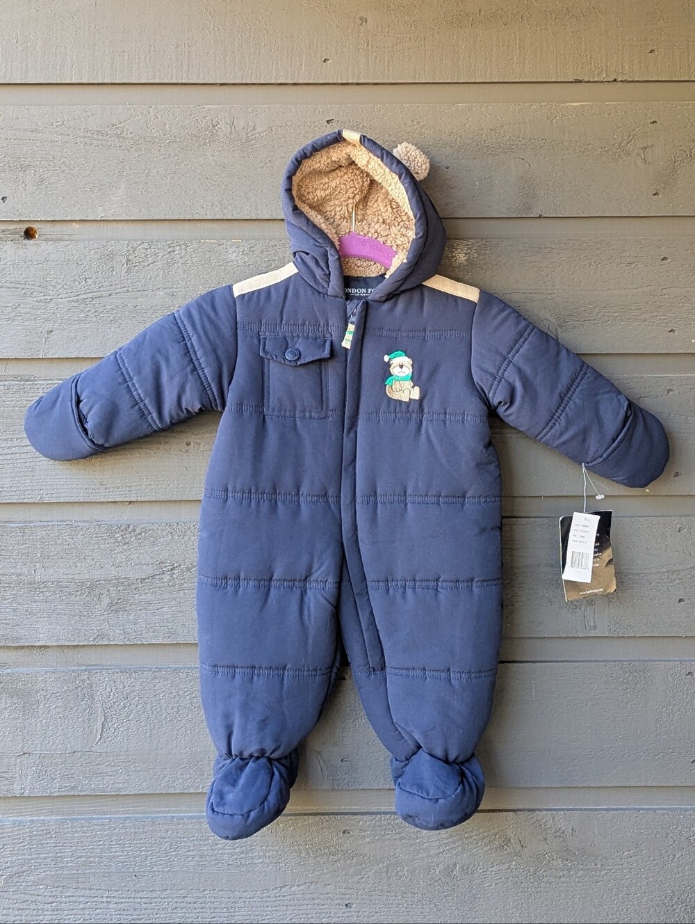NWT London Fog Navy Baby Bunting Quilted Puffer Coveralls Teddy Bear Size 6/9M